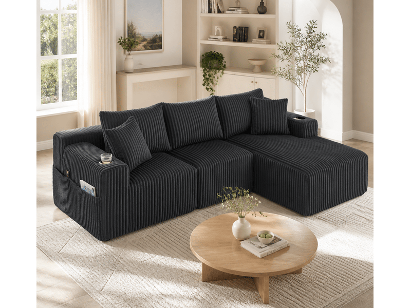 Canapé modulable 257 x 90-160 x 62 cm, méridienne, module 2 places, 5 coussins, porte-gobelets, poches latérales, velours côtelé, gris Bliss Lite - Conforama D