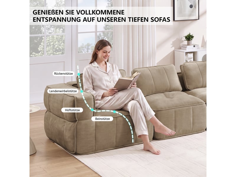  Canapé fixe, 2 places, d'angle, modulaire, en tissu, beige 198x93x67cm - Conforama E