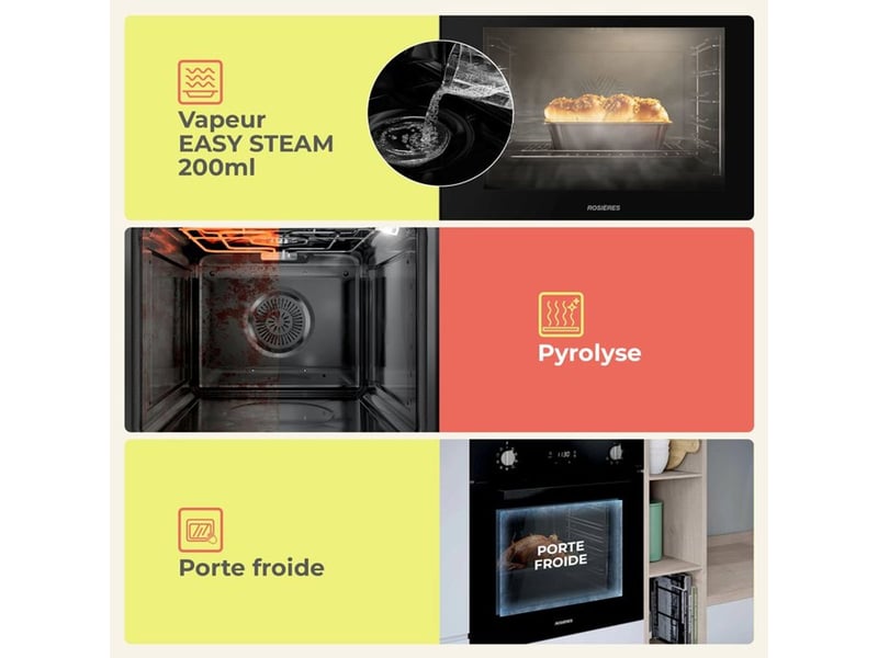  Four encastrable rosieres origine multifonction rfc31p5874ip pyrolyse avec vapeur easy steam 200 ml 70 l noir porte froide 3 vitres RFC31P5874IP - Conforama C