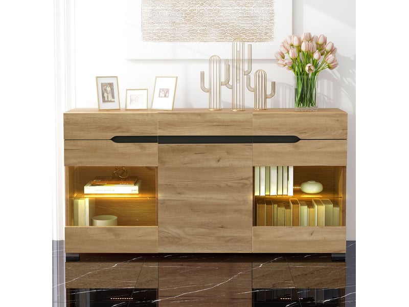 Buffet bas moderne avec led – chêne clair – 3 portes, 3 tiroirs – 140 x 35 x 80 cm - Conforama C