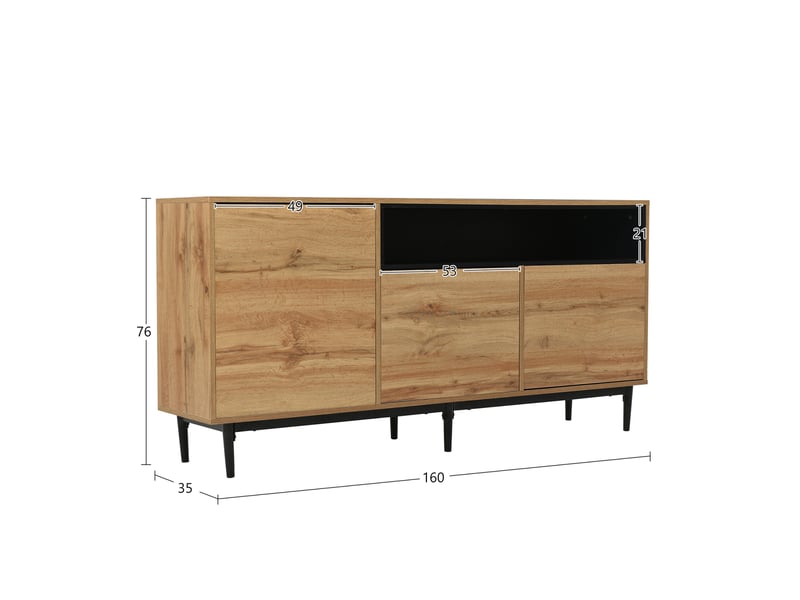  Buffet moderne en bois avec trois portes et étagères, 160 x 35 x 76 cm, design peu encombrant  - Conforama D