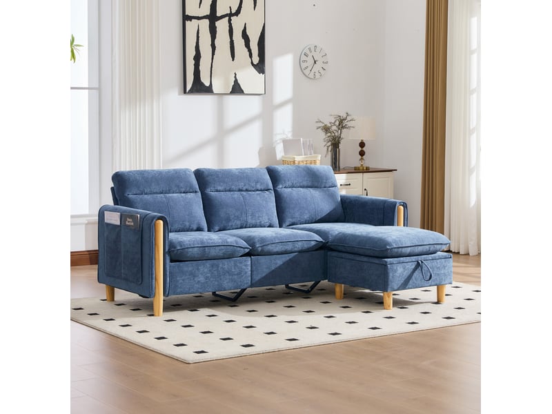 Canapé d'angle 3 places bleu en tissu, méridienne réversible avec rangement, idéal pour petits espaces - Conforama B