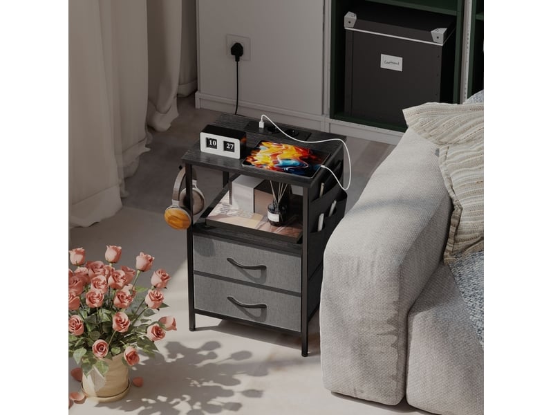  Table d’appoint avec station de charge, 2 tiroirs, 40 x 30 x 60 cm, noire  - Conforama B