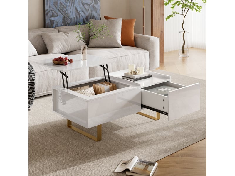  Table basse relevable 100x50 cm avec tiroir et rangement, mdf blanc brillant  - Conforama D