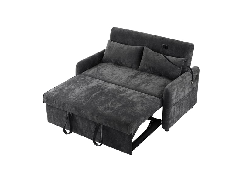  Canapé convertible 2 places avec fonction lit, dossier réglable, porte-téléphone, usb, poches latérales et 2 coussins, canapé multifonction en chenille - gris  - Conforama A
