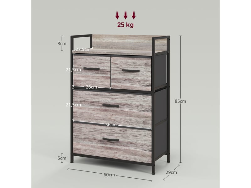  Meuble de rangement style industriel commode 4 tiroirs en tissu pliables et amovibles et 1 étagère 60 x 29 x 85 cm gris  - Conforama C
