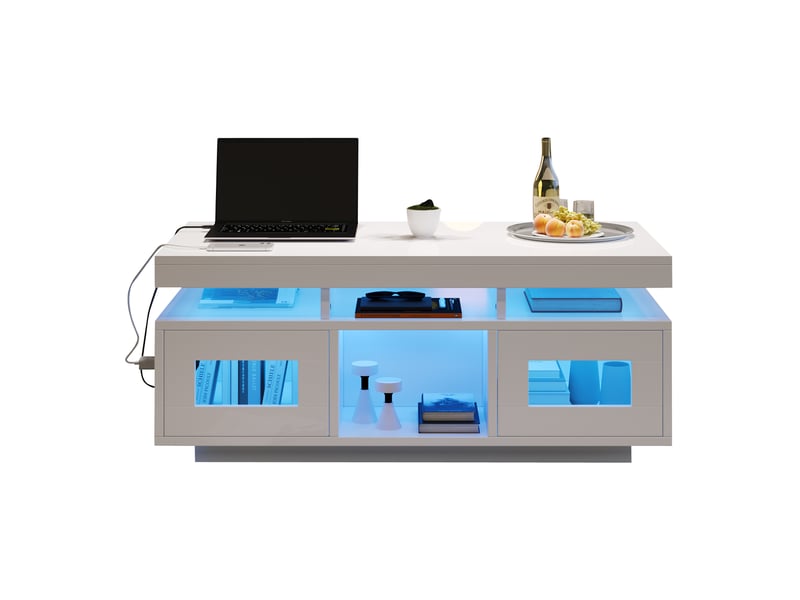  Table basse 100x50x43 cm led rgb et recharge, panneau de particules blanc  - Conforama A
