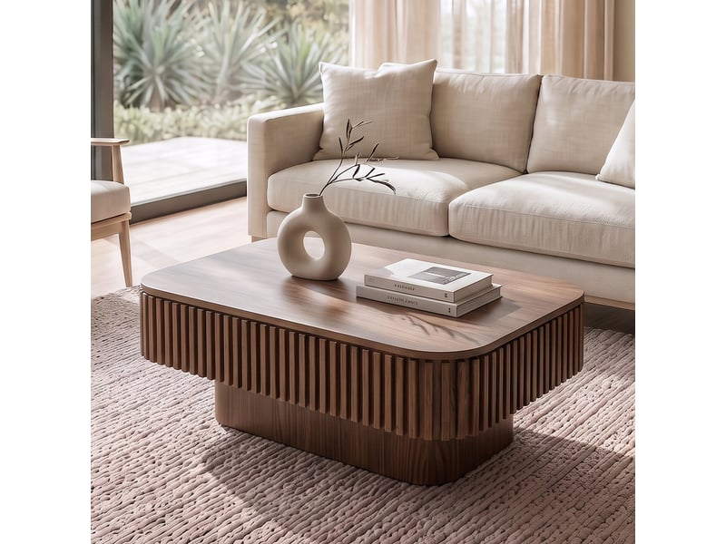  Table basse noyer 98 cm - façade rainurée, rangement caché - placage bois massif  - Conforama B