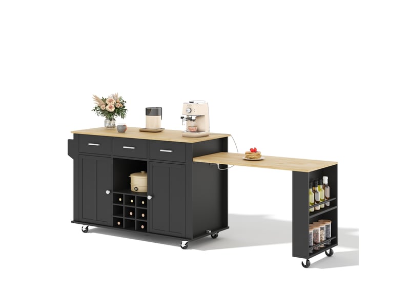  Îlot de cuisine mobile extensible avec rangement - lpospi - prises usb, 7 roulettes, mdf noir naturel 136 (223) × 50 × 93 cm  - Conforama A