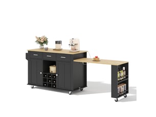 Îlot de cuisine mobile extensible avec rangement - prises usb, 7 roulettes, mdf noir naturel 136 (223) × 50 × 93 cm