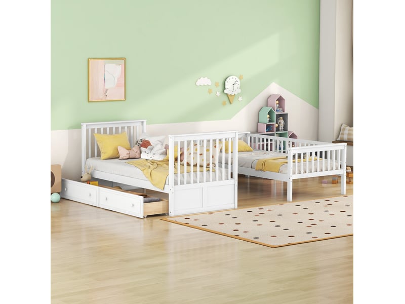  Lit superposé enfant 90x200 cm avec 2 tiroirs, coloris blanc  - Conforama E