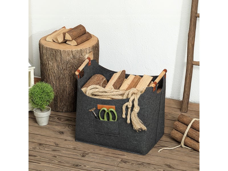 Panier à bûches en feutre pliable 50 l, poignées en bois, charge 15 kg, gris - Conforama D
