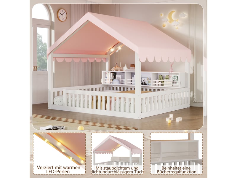  Lit enfant 140 × 200 cm 2 places avec led, étagère et barrières, sans matelas, en mdf et pin, blanc  - Conforama E