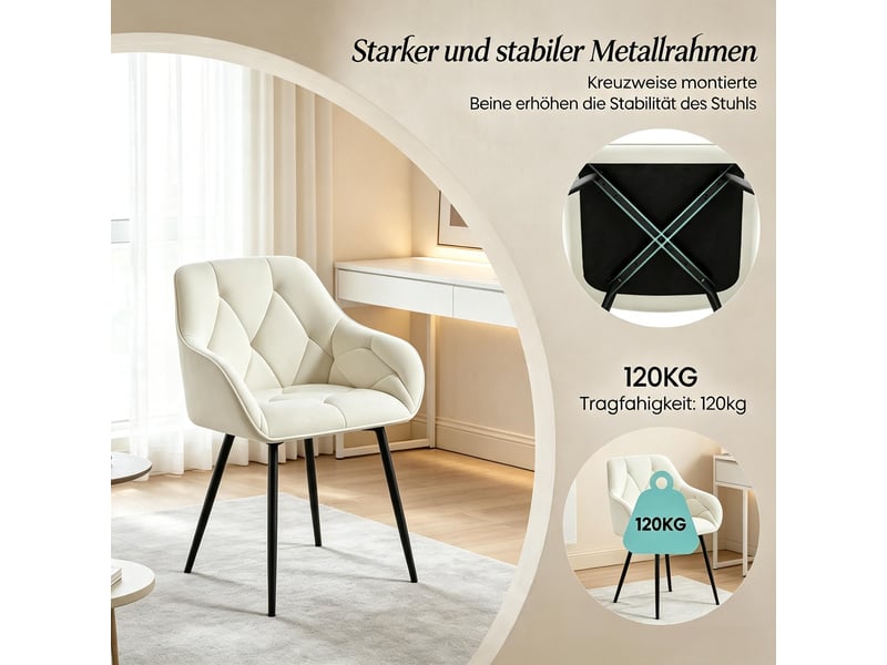  Lot de 2 chaises de salle à manger,45,5x45x83,5 cm,velours,crème  - Conforama E