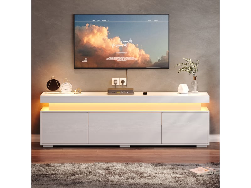  Meuble tv led blanc 150 cm, banc tv moderne avec 3 portes et rangement  - Conforama D