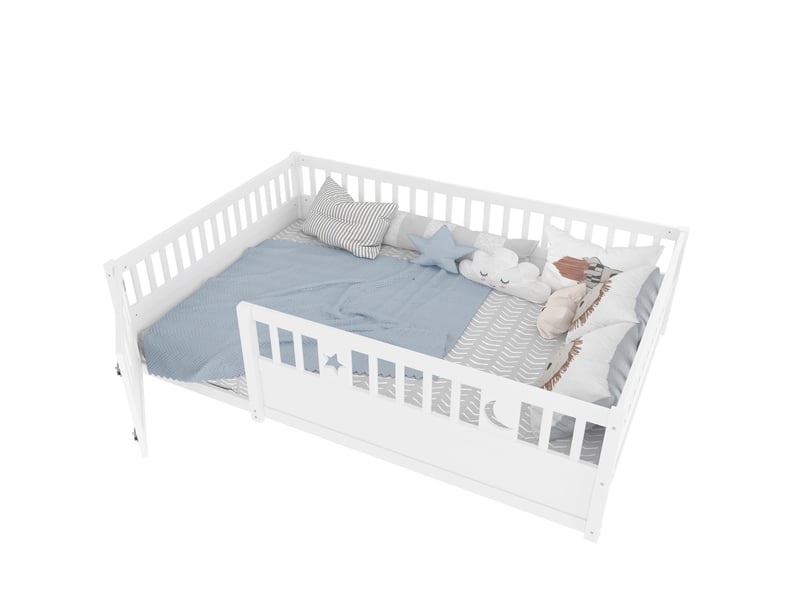  Lit enfant à barrières 140x190 cm en pin blanc avec décor étoiles et lune  - Conforama A