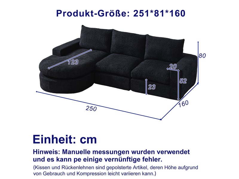  Canapé d’angle, modules incurvés et méridienne, entièrement compressé, mousse, 80x250x160 cm, noir  - Conforama C