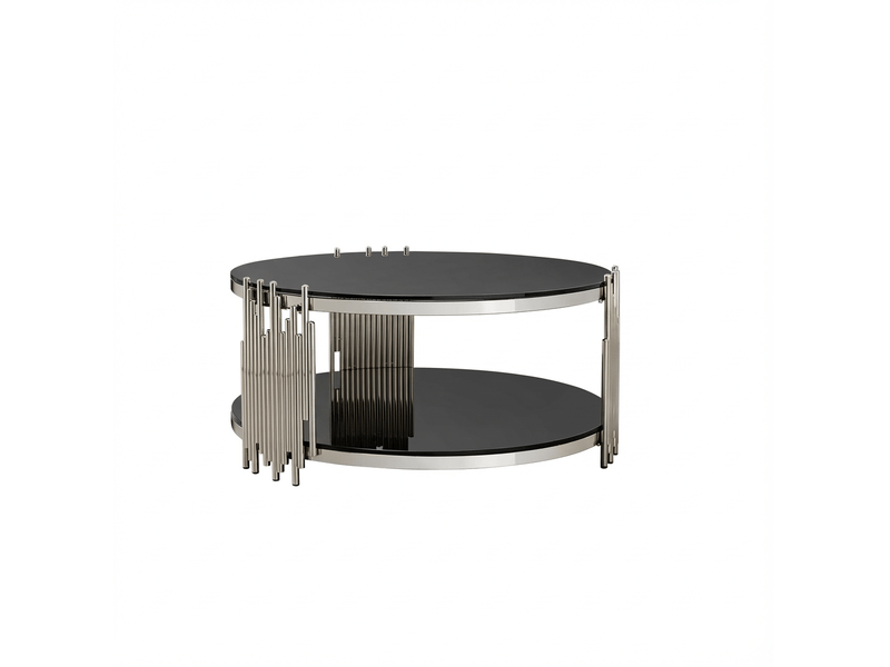 Table basse ronde 80 cm en verre trempé noir et acier inoxydable argenté - Conforama A
