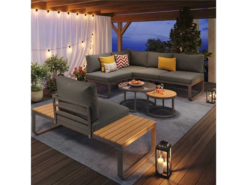Ensemble de meubles de jardin - 4-5 places assises - 2 tables basses empilables - cadre en fer galvanisé gris - Conforama B