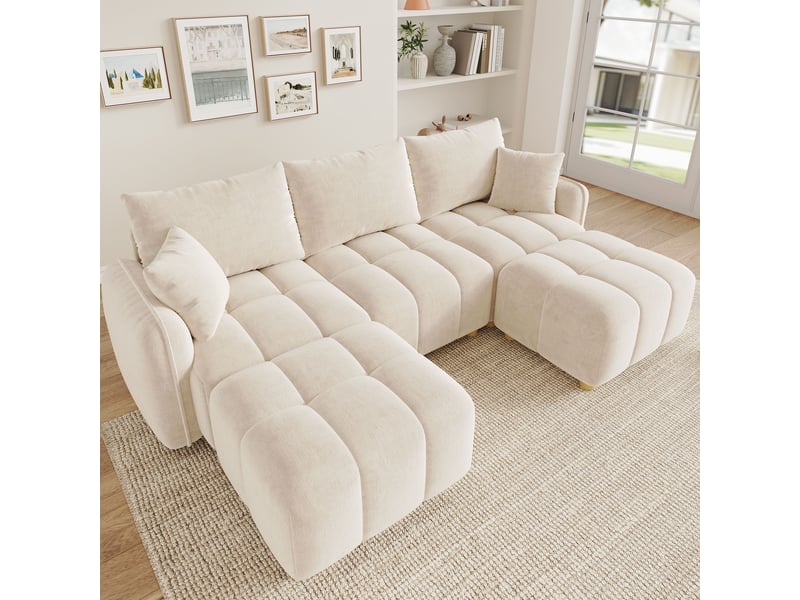 Canapé d'angle modulable 5 places en lu avec 2 poufs, canapé nuage en tissu chenille, larges accoudoirs, beige - Conforama B