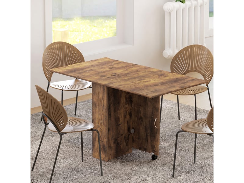  Table à manger pliante mobile sur roulettes, 2 plateaux rabattables, 2 étagères intégrées, 140x80x74cm, brun rustique  - Conforama A