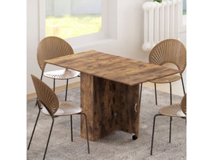 Table à manger pliante mobile sur roulettes, 2 plateaux rabattables, 2 étagères intégrées, 140x80x74cm, brun rustique
