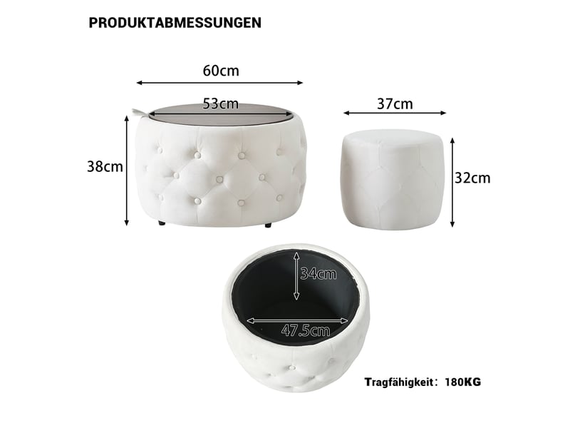 Lot de 2 poufs gigognes en velours, beige, rangement et plateau bois 4-en-1  - Conforama C