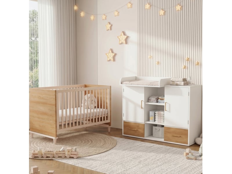  Ensemble table à langer et lit bébé réglable – bois et mdf – naturel et blanc – 114 x 53 x 92 cm  - Conforama B