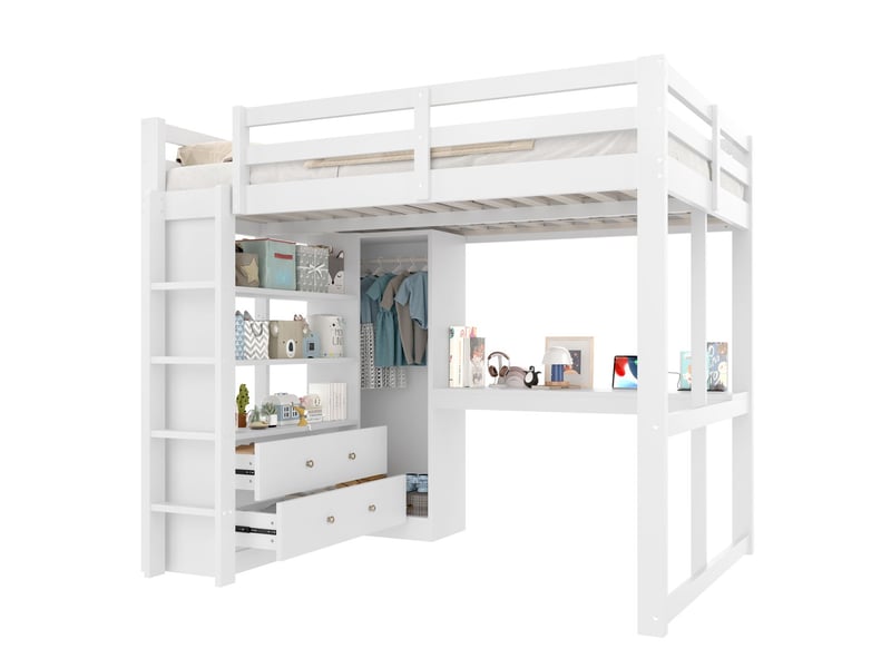  Lit mezzanine avec bureau 140 x 200 cm éclairage led lit double 2 tiroirs de rangement étagères intégrées bureau sous le lit port usb blanc  - Conforama E