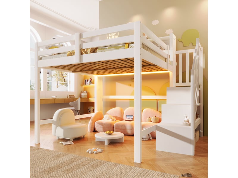  Lit mezzanine enfant 140 x 200 cm blanc avec éclairage led et rangements  - Conforama D