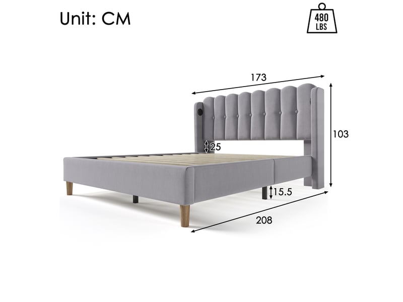  Lit adulte 160x200 cm avec sommier, tête de lit rembourrée en tissu gris et ports usb-c intégrés  - Conforama C