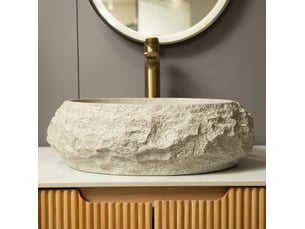 Lavabo à poser ovale irrégulier en résine effet pierre sans trou de robinet pour salle de bain, beige, 62 × 52 × 28 cm
