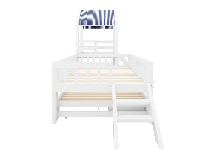  Lit cabane enfant 90 × 200 cm avec lit gigogne 90 × 190 cm, toboggan, escalier et tiroirs, sans matelas, blanc  - Conforama E