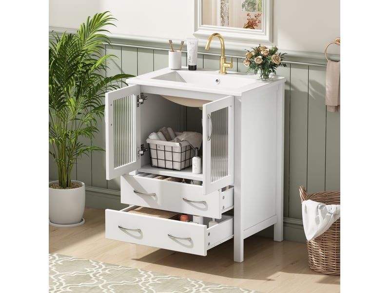 Meuble sous lavabo 61x47x86 cm blanc brillant avec vasque en céramique - Conforama D