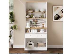 Buffet de cuisine blanc et bois, avec 2 tiroirs et 4 portes, style campagne, poignées argentées, grand espace de rangement