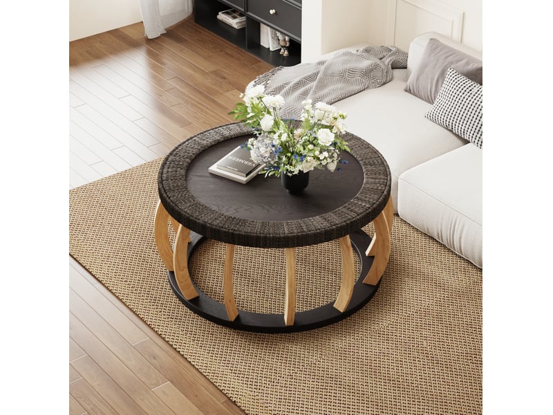  Table basse ulevr ronde vintage 90 cm en bois et mdf noir marron, détails en rotin et pieds courbés  - Conforama D