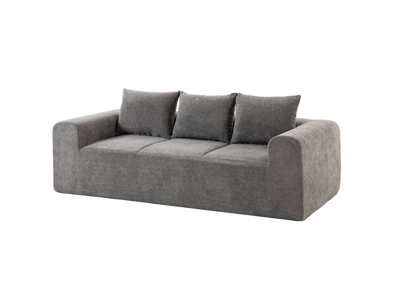  Canapé design arrondi 3 places larges accoudoirs 3 coussins tissu chenille gris  - Conforama E