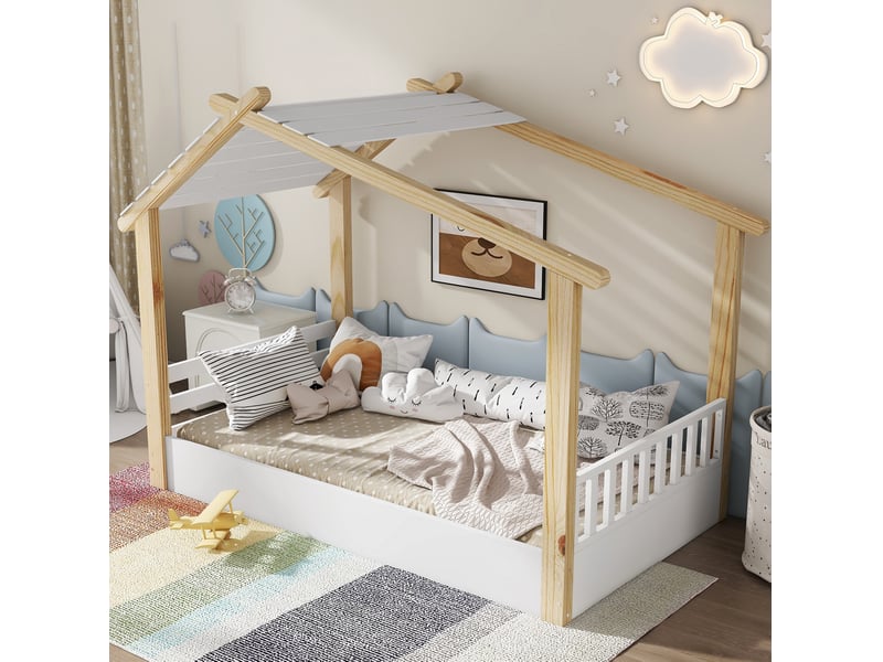  Lit enfant cabane 90 x 200 cm avec sommier à lattes, blanc et naturel en bois  - Conforama E