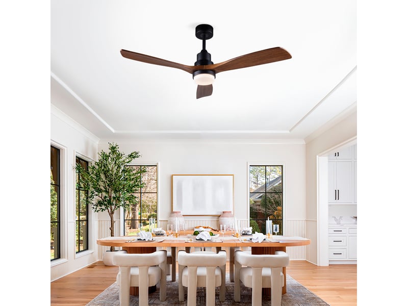 Ventilateur de plafond avec lumière, télécommande, moteur dc réversible, pales en bois massif noir noyer foncé - Conforama E