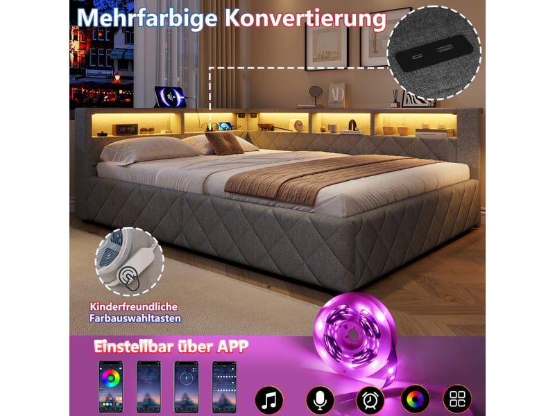  Lit banquette coffre 140x200 cm, canapé-lit confortable avec grand rangement multifonction à ouverture hydraulique, led et usb, mdf et lin gris  - Conforama D