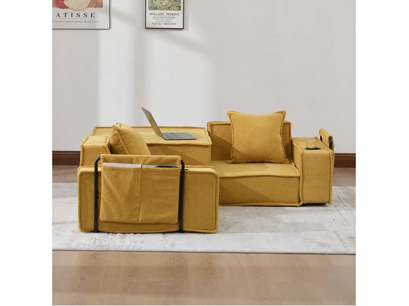  Canapé modulable 2 pl 162x78x66 cm, pour salon, confort, stockage, poches latérales, coussins, tissu en chenille, jaune moutarde  - Conforama D