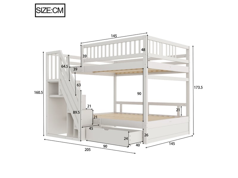  Lit superposé 140x200 cm avec garde-corps hauts, échelle de rangement et tiroirs intégrés, bois, blanc, sans matelas  - Conforama C