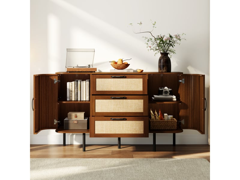  Meuble tv 180 x 40 x 45 cm poignées noires mdf 4 portes tressées pieds en fer salon  - Conforama C