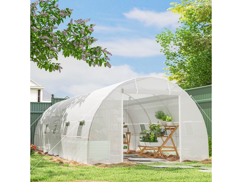  Serre tunnel 8 x 3 x 2 m avec revêtement plastique et armature en acier, blanche  - Conforama C
