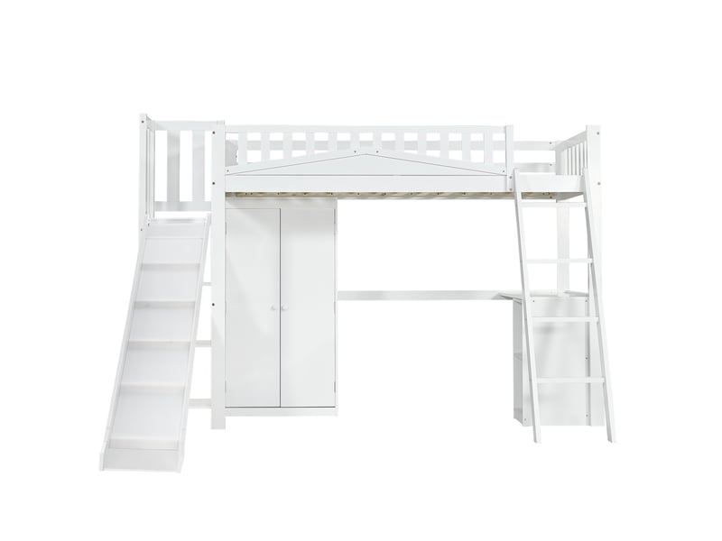  Lit superposé pour enfant, avec barrière de sécurité, table et armoire, grand espace de rangement, échelle à quatre marches, pin + mdf + contreplaqué, blanc, 90 x 200 cm  - Conforama D