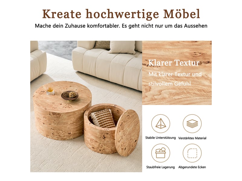 Lot de 2 tables basses gigognes rondes, avec rangement intégré, ø 62,844 cm, h 3529 cm, beige doré à motif, rangement intérieur, pour salon Luxe haut de gamme - Conforama D