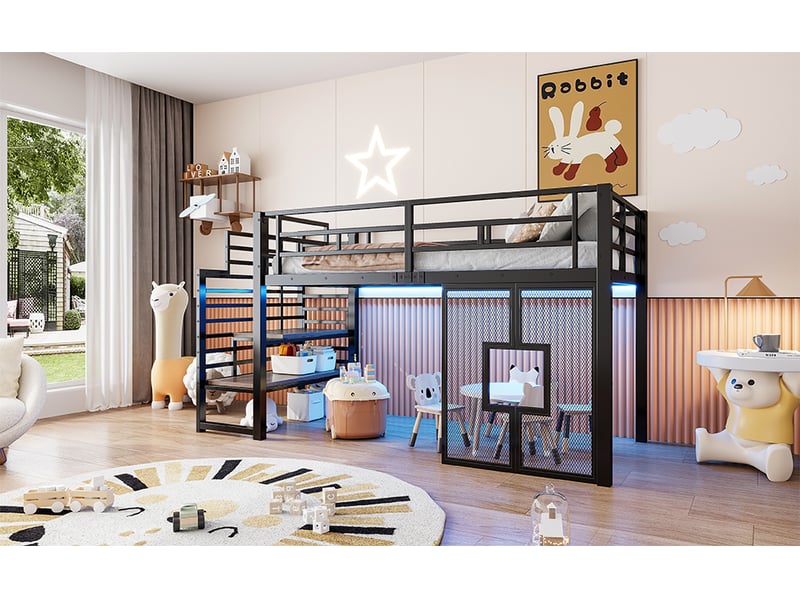  Lit mi-hauteur 90 × 200 cm, escalier à étagères ouvertes, panneaux à fenêtres, éclairage led, métal et mdf, noir  - Conforama B