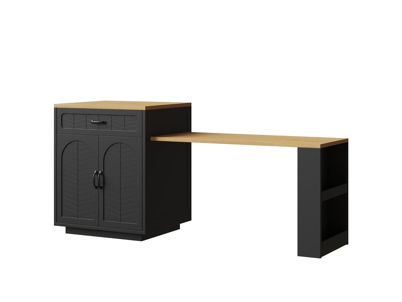  Îlot de cuisine, rangement avec desserte, plateau extensible, deux tiroirs, quatre portes, éclairage led  - Conforama A
