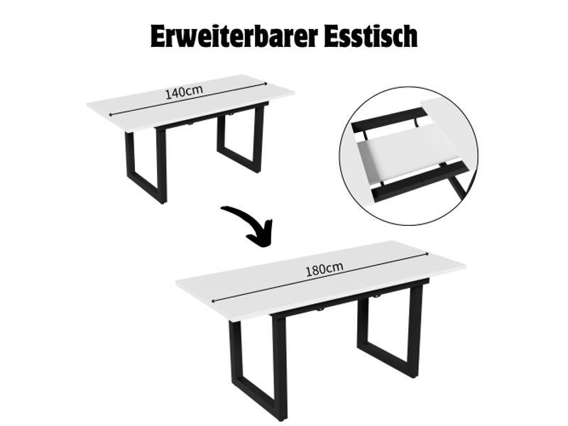  Table à manger rectangulaire extensible industriel avec pieds noirs,structure en métal,140180x75cm,blanc table blanc - Conforama D