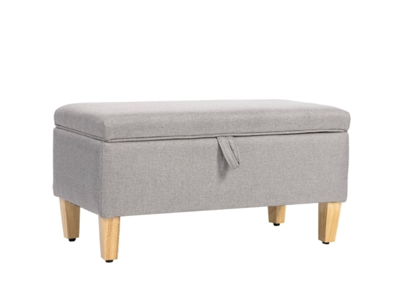  Banc coffre gris clair rembourré aspect lin, pieds en bois d’hévéa, rangement pratique  - Conforama A